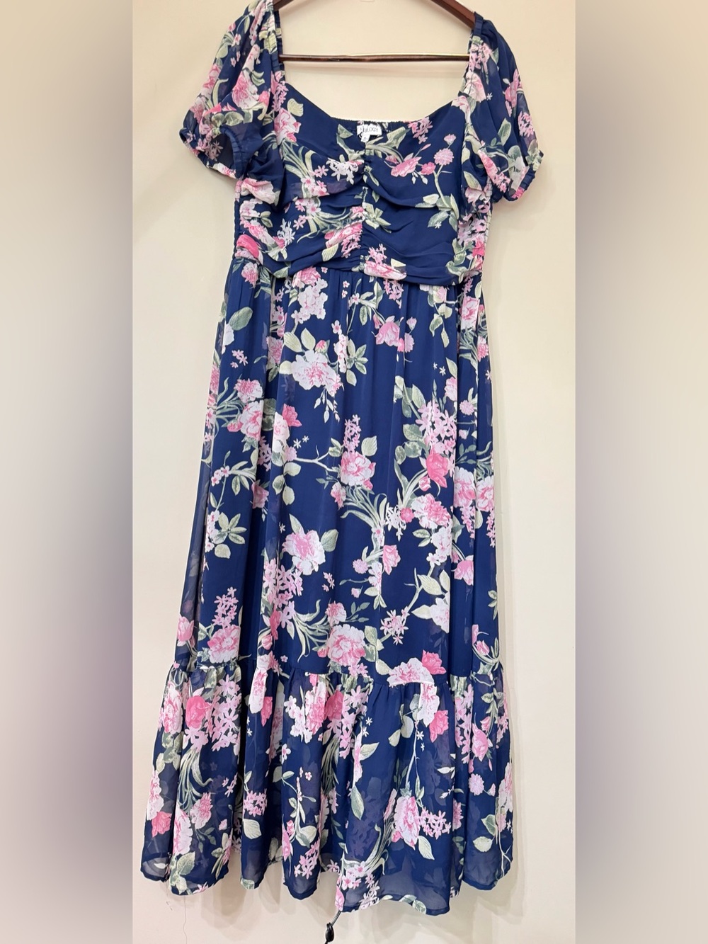 🌺Luxology Navy Maxi Dress  with Pink Floral Print Cottage core Milkmaid